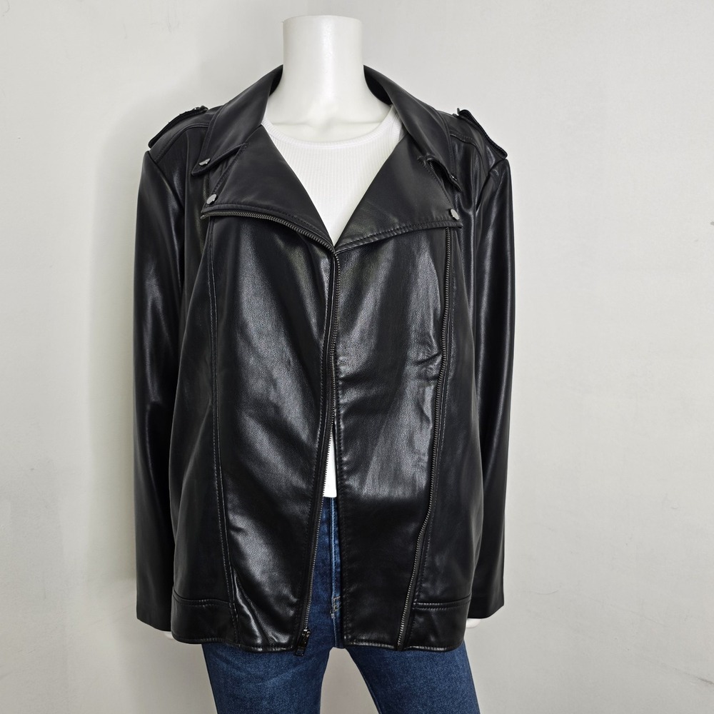 Chicos Faux Leather Stretch Moto Jacket Black Zip Pockets Size 4 20/22 XXL NWT